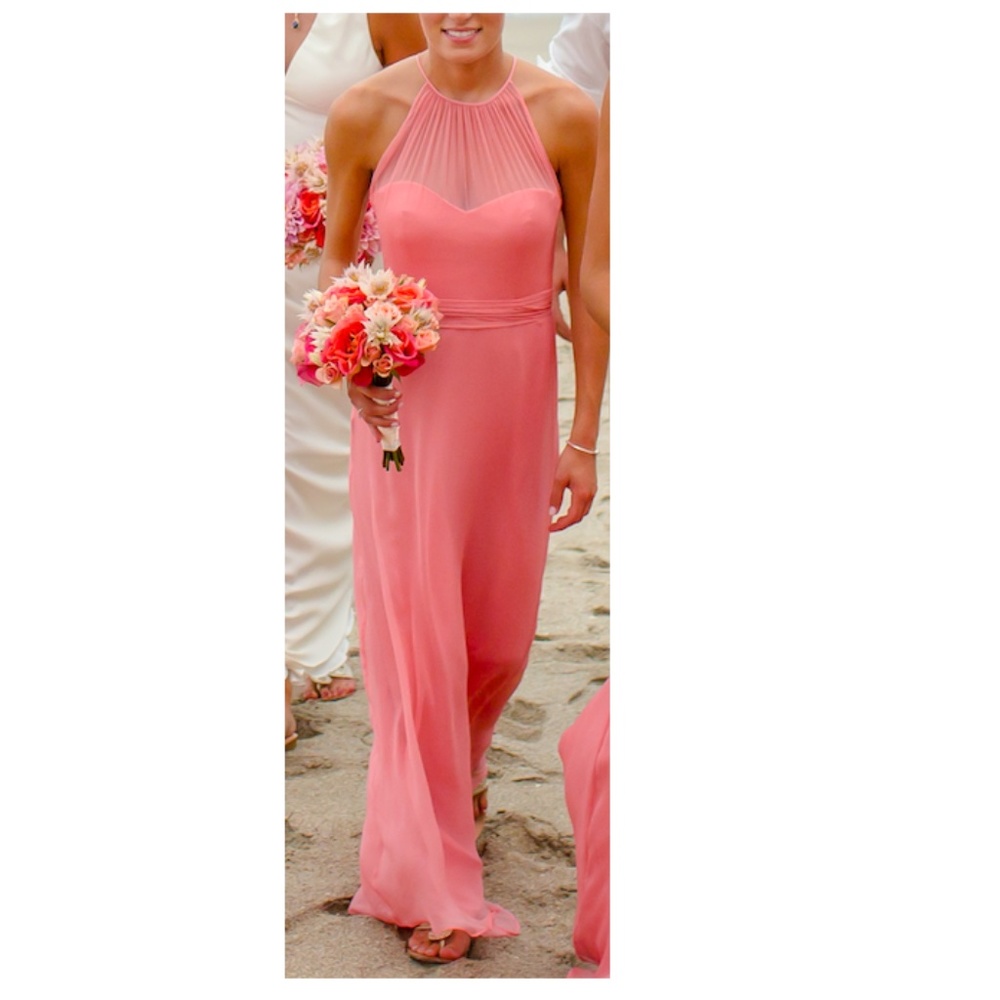 Amsale Bridesmaid Dress, Illusion Halter, Coral